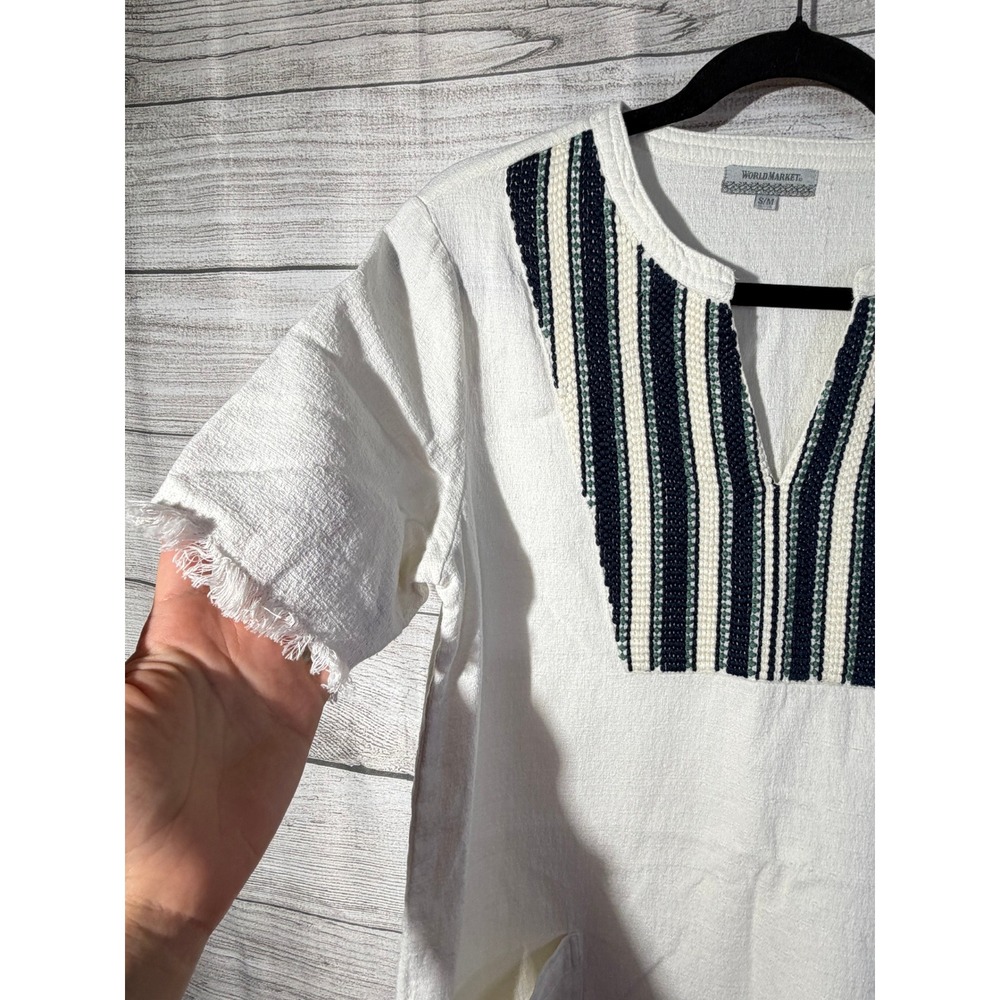 World Market S/M White Embroidered Cotton Dress Lagenlook Relaxed Boho Earthy - Picture 4 of 7
